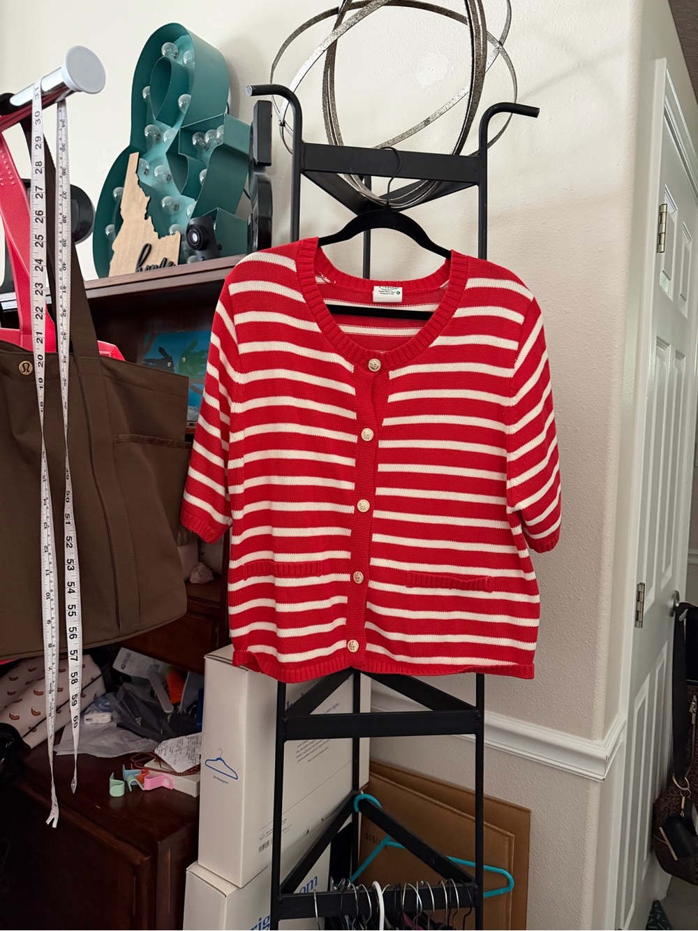 Striped Red & Cream Short-Sleeve Button Cardigan